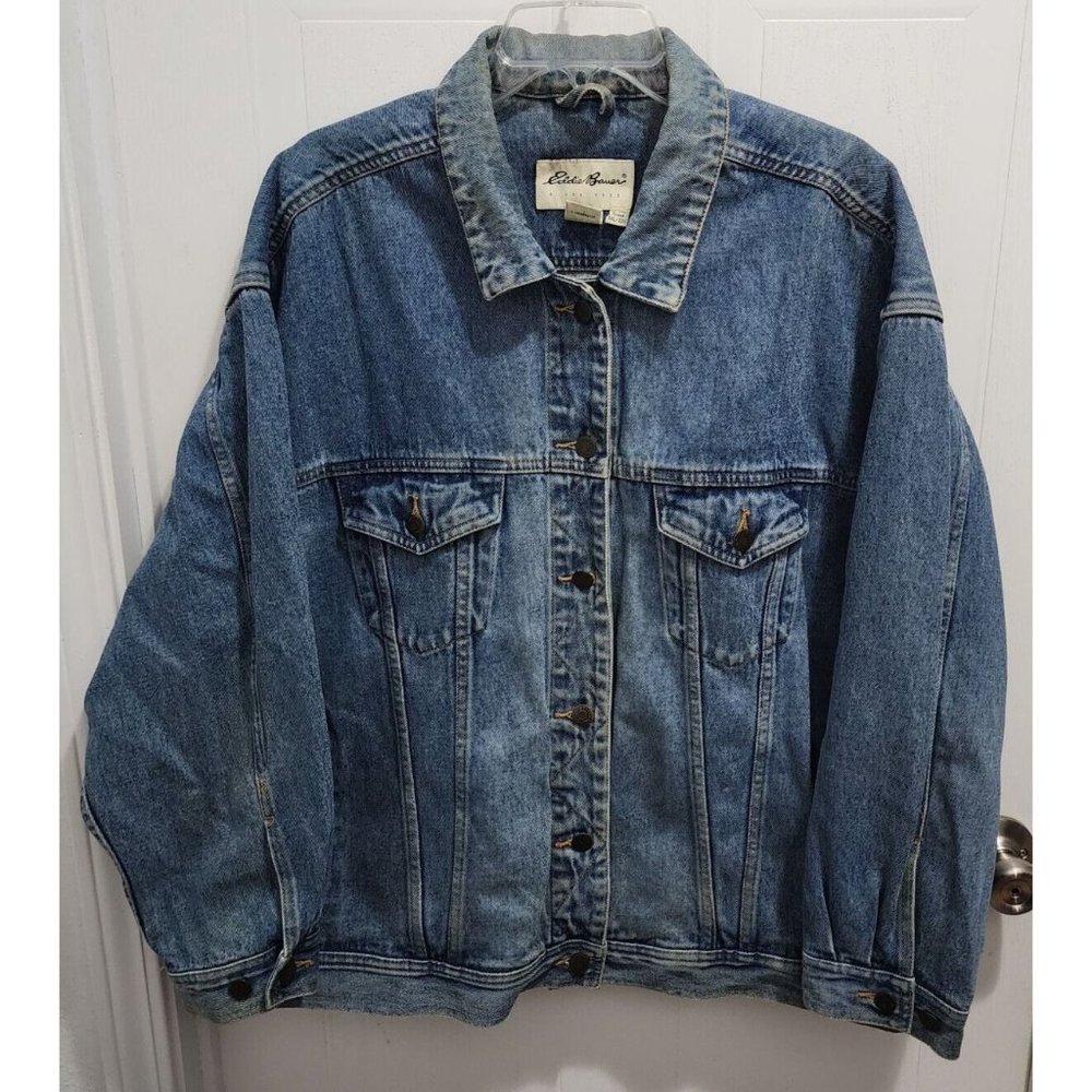 Vtg Eddie‎ Bauer Women's Denim Trucker Jean Jacket Blue 100% Cotton Size XXL